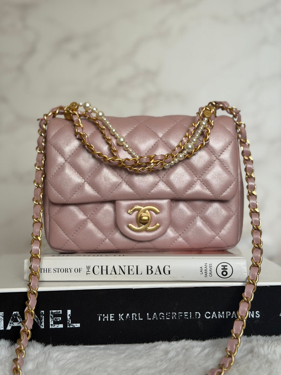 CHANEL 24P Pearly Pink Lambskin Pearl Twist Aged GHW Flap Bag 2024