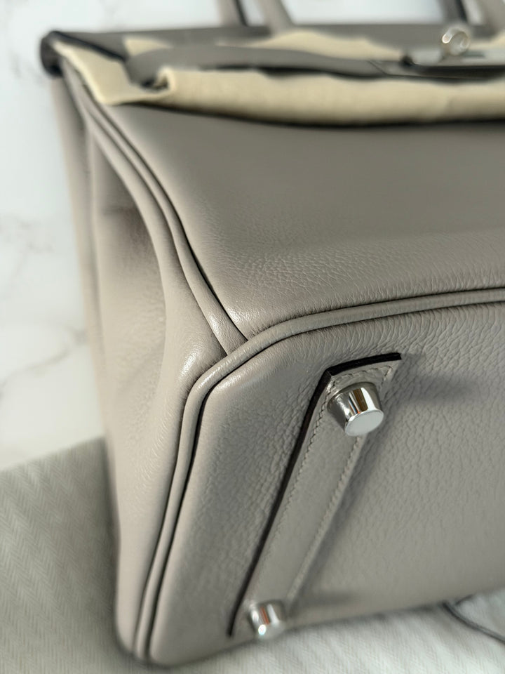HERMES Gris Asphalt Leather Birkin 30 Bag Palladium Hardware Stamp D 2019