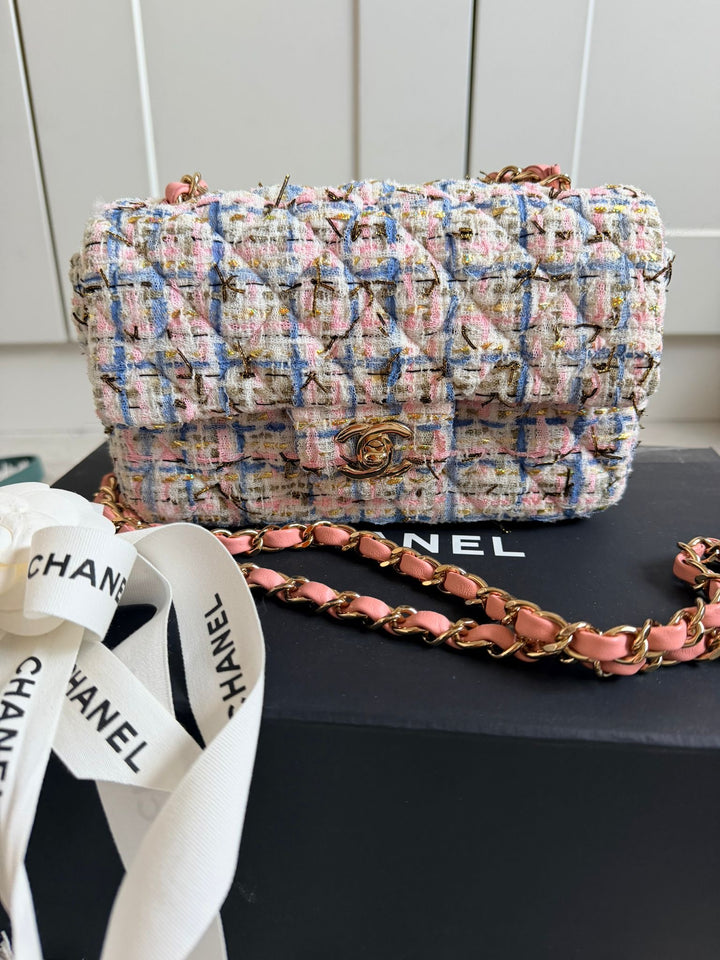 CHANEL Series 27 Pink Blue Green Ecru Gold Tweed Mini Flap Bag LGHW 2018
