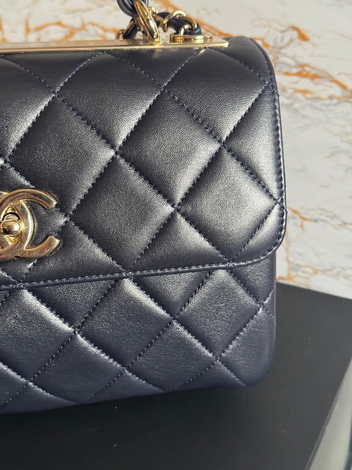 Chanel series 28 2018/2019 Navy Lambskin Champagne GHW Trendy CC Flap Bag size Small with Detachable Strap