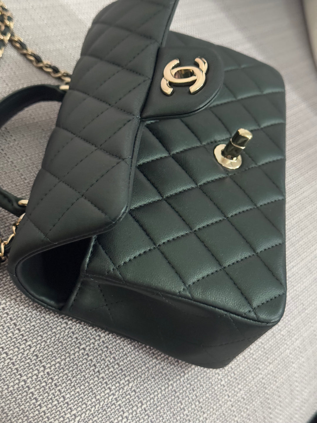 Chanel Iridescent Dark Green Lambskin Mini Rectangular Flap Bag with Top Handle and Champagne GHW
