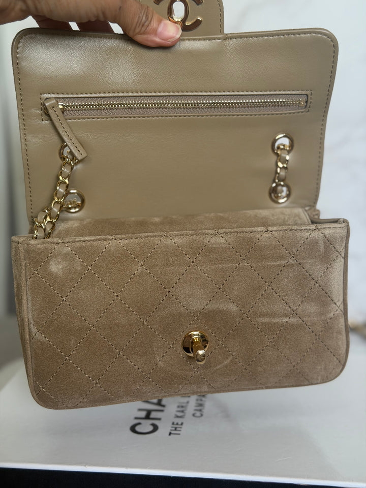 CHANEL 26B Beige Suede Matthie Blazy Mini Flap Bag GHW 2026