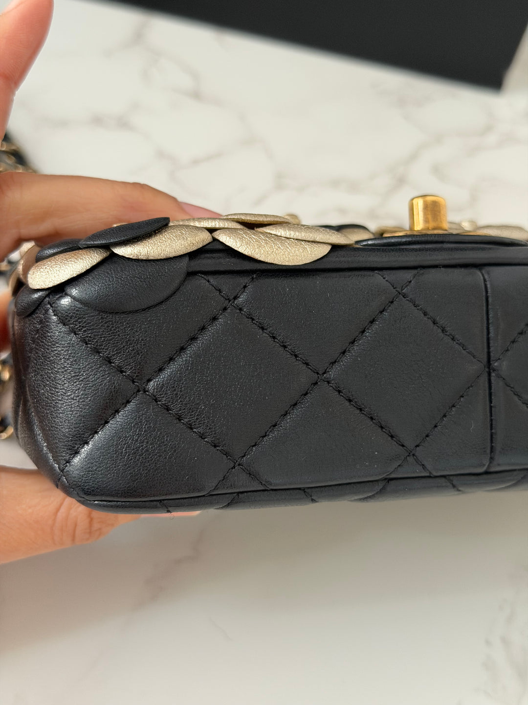CHANEL series 21 Black Metallic Gold Camellia Flower Lambskin Mini Rectangular Flap Bag with Vintage GHW