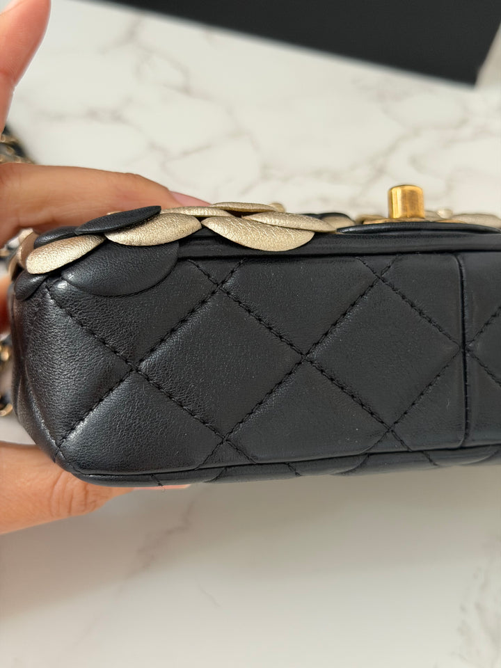 CHANEL series 21 Black Metallic Gold Camellia Flower Lambskin Mini Rectangular Flap Bag with Vintage GHW