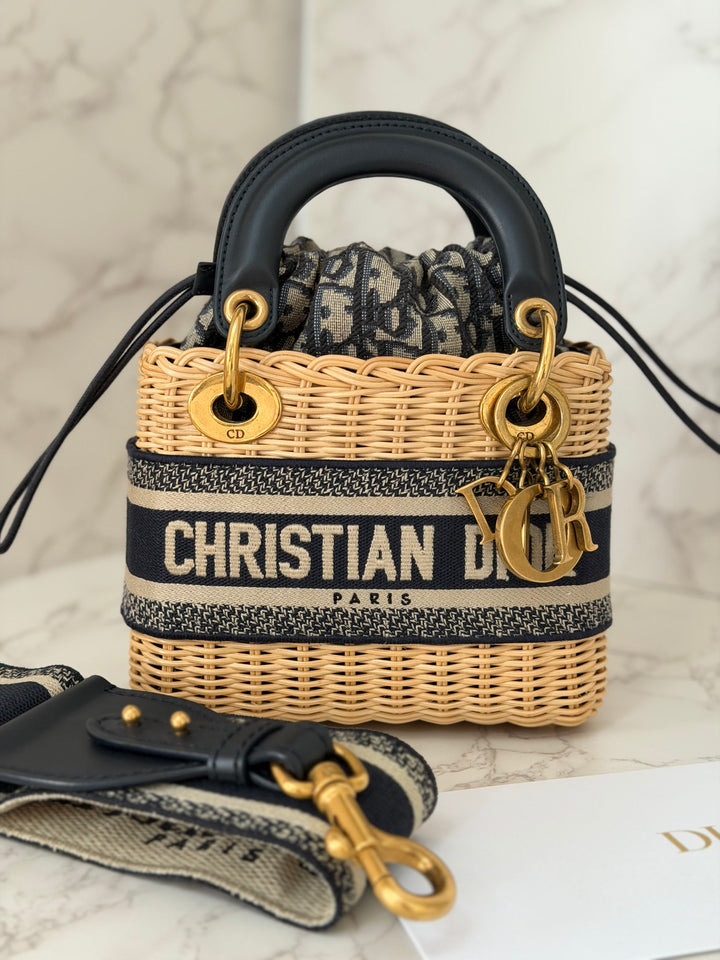 DIOR Lady Dior Wicker Bag Oblique Canvas in Black and Cream size Mini
