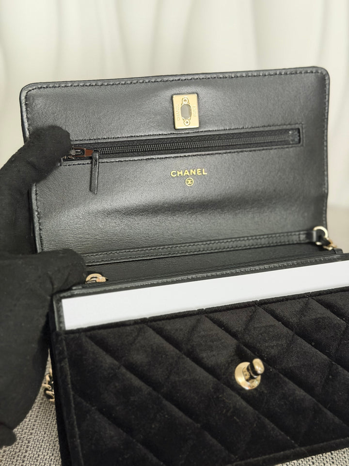 CHANEL 2025 Black Velvet Crystal Pearl Crush Adjustable Strap Wallet on Chain (WOC)