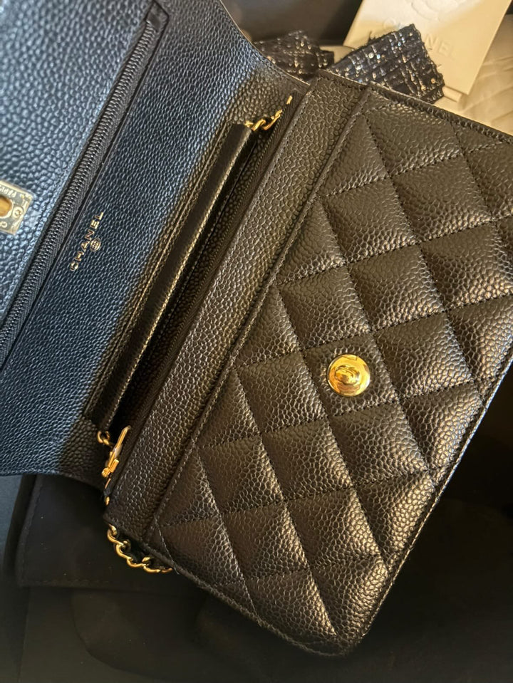 CHANEL Black Caviar GHW Turnlock New Style Classic Wallet on Chain (WOC)