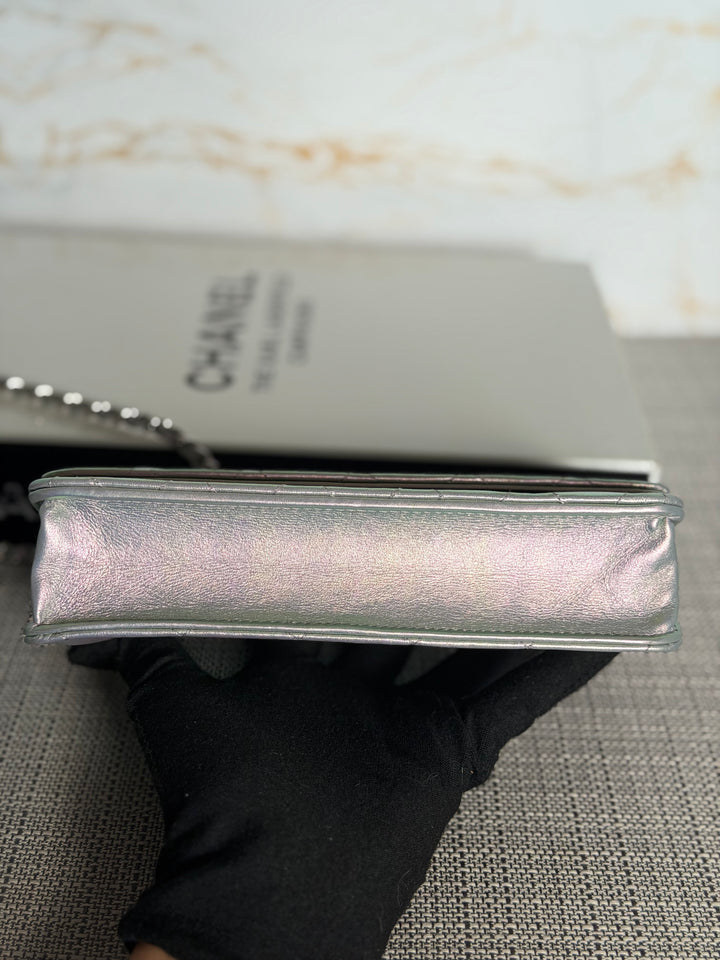 CHANEL Silver Lambskin SHW Classic Wallet on Chain (WOC) 2022