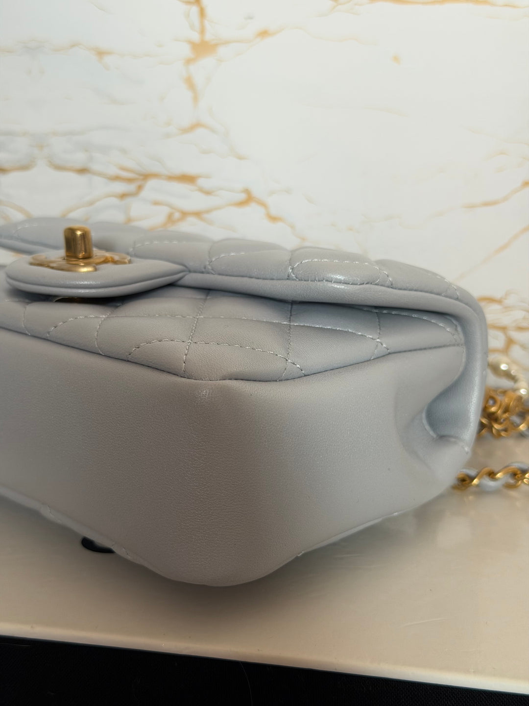CHANEL Pearl Twist Pearly Light Blue Lambskin Mini Flap Bag 2023