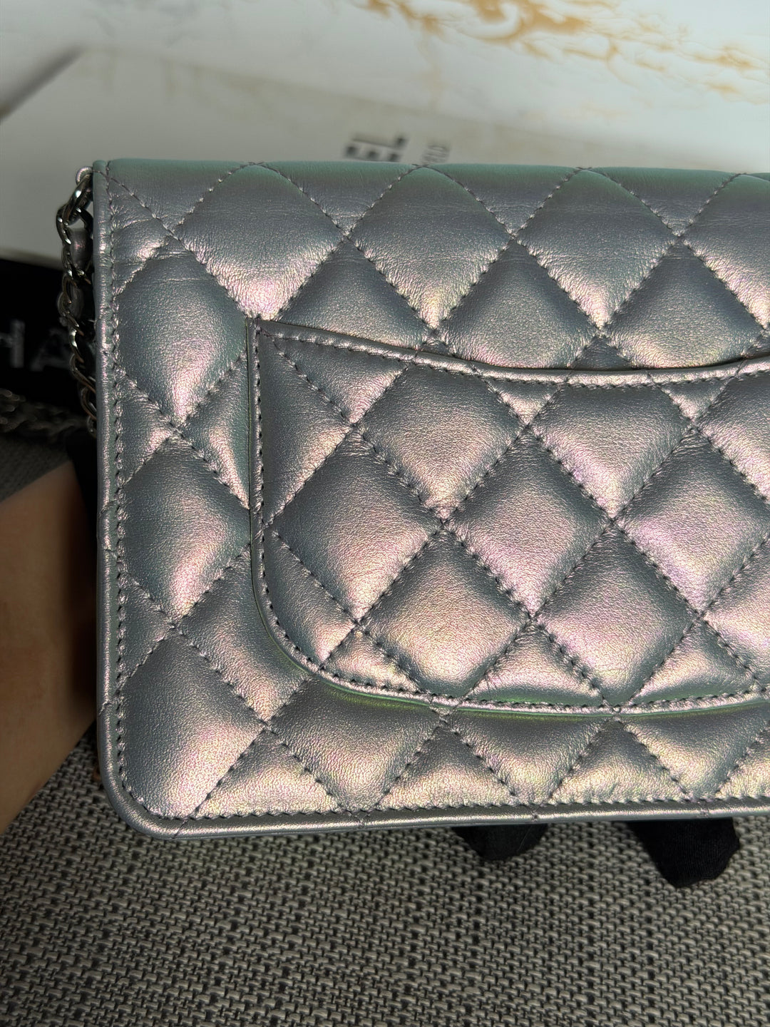 CHANEL Silver Lambskin SHW Classic Wallet on Chain (WOC) 2022