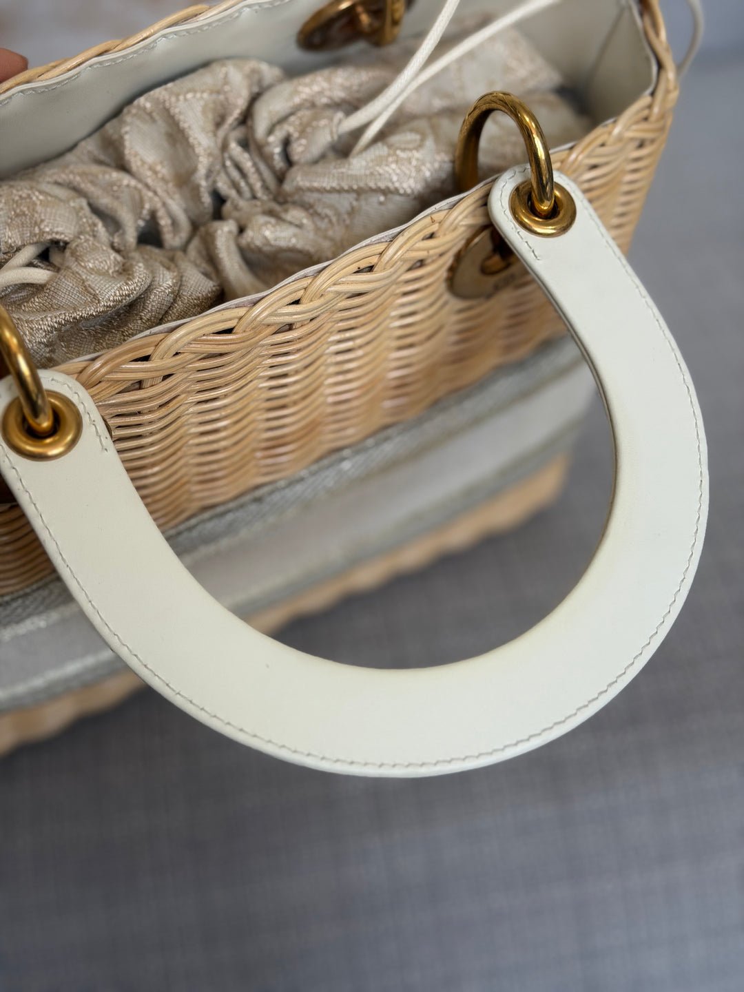 DIOR Lady Dior White/Gold Wicker Bag size SMALL with Guitar Strap