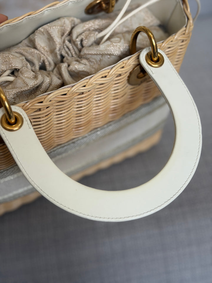 DIOR Lady Dior White/Gold Wicker Bag size SMALL with Guitar Strap