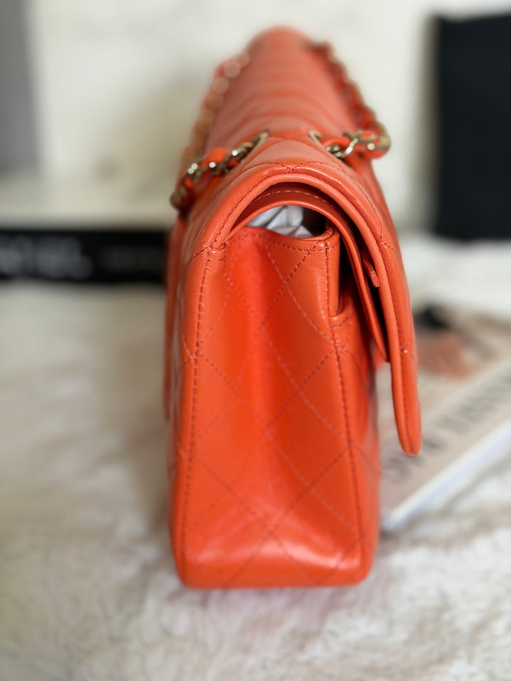 CHANEL 20S Orange Lambskin LGHW Medium ML Timeless Classic Double Flap Bag
