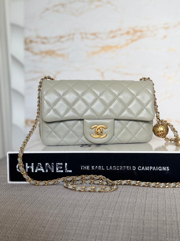 CHANEL Grey Lambskin Aged GHW Pearl Crush Adjustable Chain Mini Rectangular Flap Bag 2021