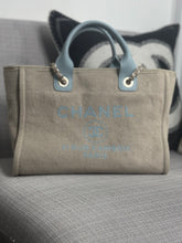 Load image into Gallery viewer, Chanel Beige And Light Blue Mixed Fibres Deauville Tote with Leather Top Handle Size Small
