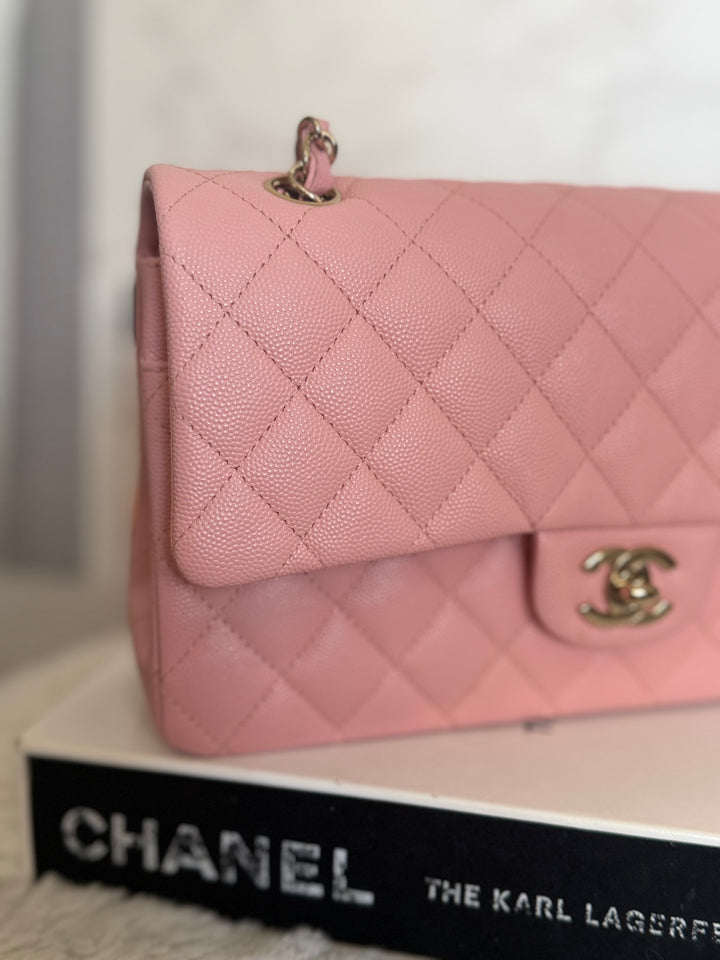CHANEL 22C Sakura pink Caviar LGHW Medium ML Timeless Classic double flap bag 2022
