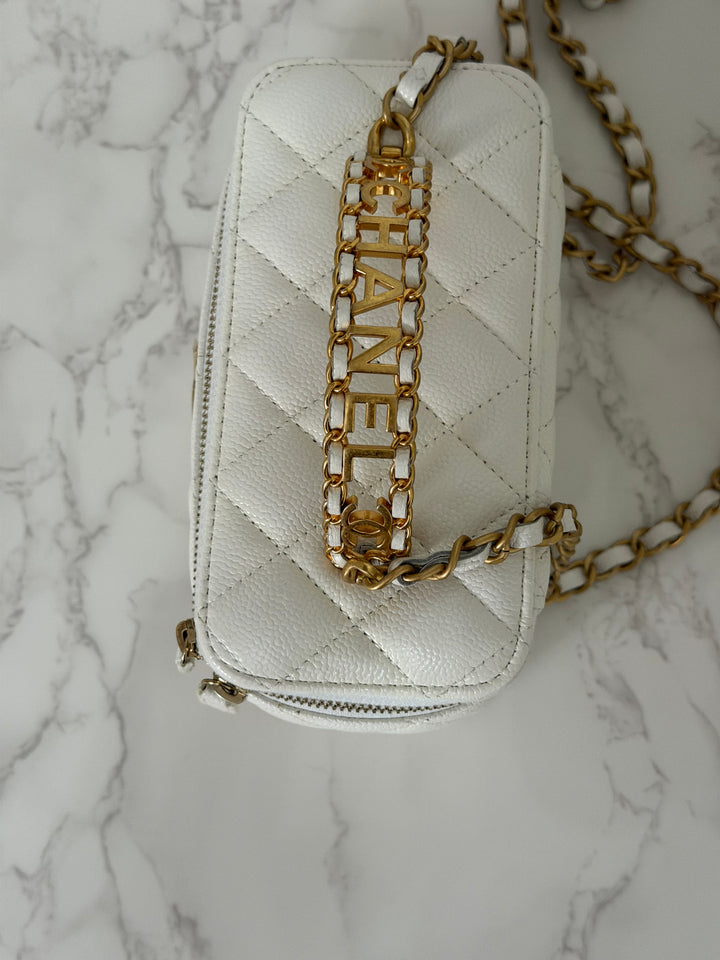 CHANEL 22S Collection 2022 Pick Me Up White Caviar Small Vanity Case with Metal Top Handle GHW