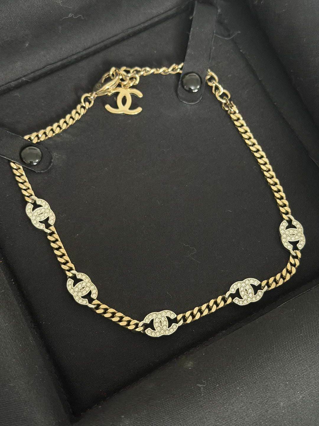 CHANEL Crystal CC Choker Necklace in Silver and Light Gold Hardware