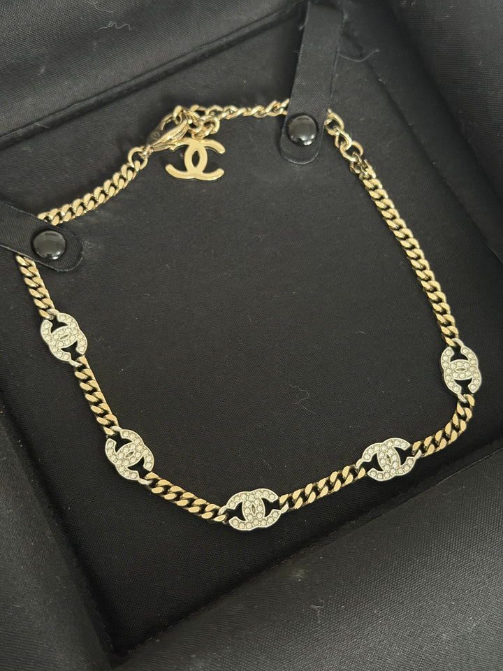 CHANEL Crystal CC Choker Necklace in Silver and Light Gold Hardware