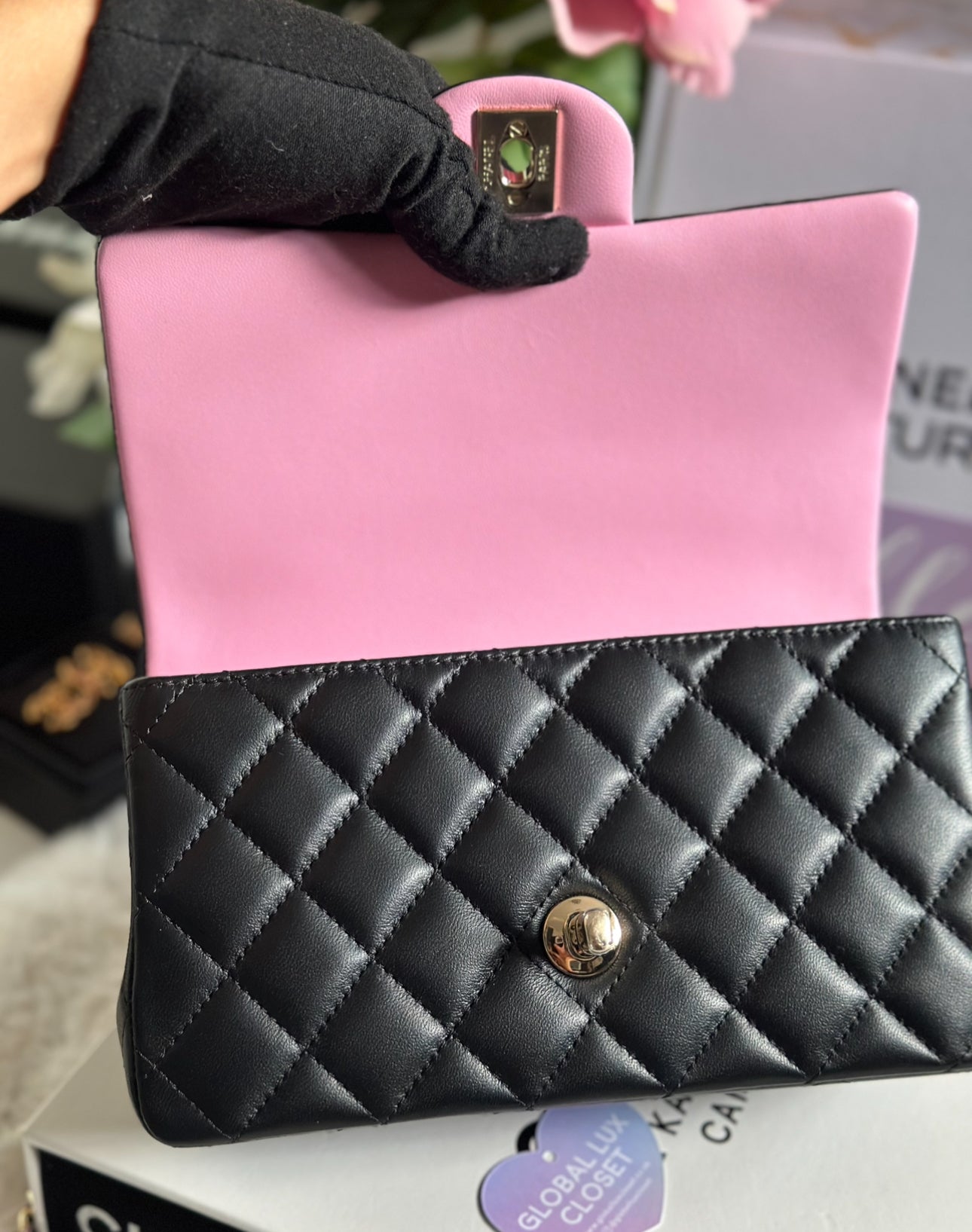 Chanel 23P Two Tone Black And Pink Lambskin LGHW Mini Rectangular Flap Bag With Top Handle
