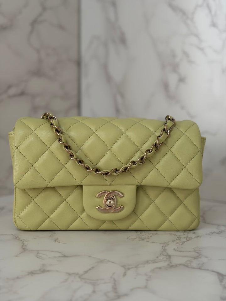 CHANEL 23C Collection 2022/2023 Cruise Pistachio Green Lambskin Mini Rectangular Flap Bag with Champagne GHW