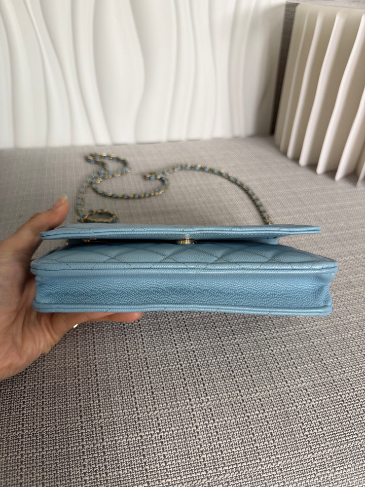 CHANEL 22S Collection 2022 Baby Blue/ Light Blue Caviar LGHW Classic Wallet on chain (WOC)