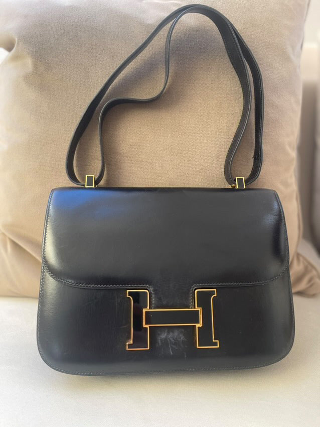 HERMES Constance 24 Black Box Leather Enemel H Closure GHW Vintage Stamp J in Sq