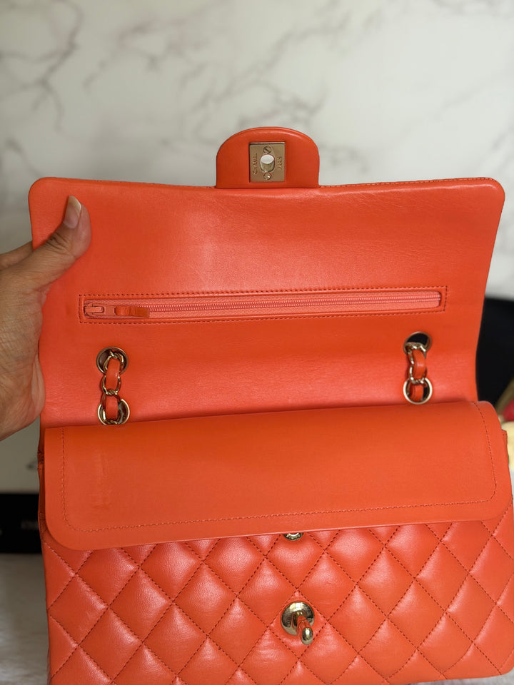 CHANEL 20S Orange Lambskin LGHW Medium ML Timeless Classic Double Flap Bag