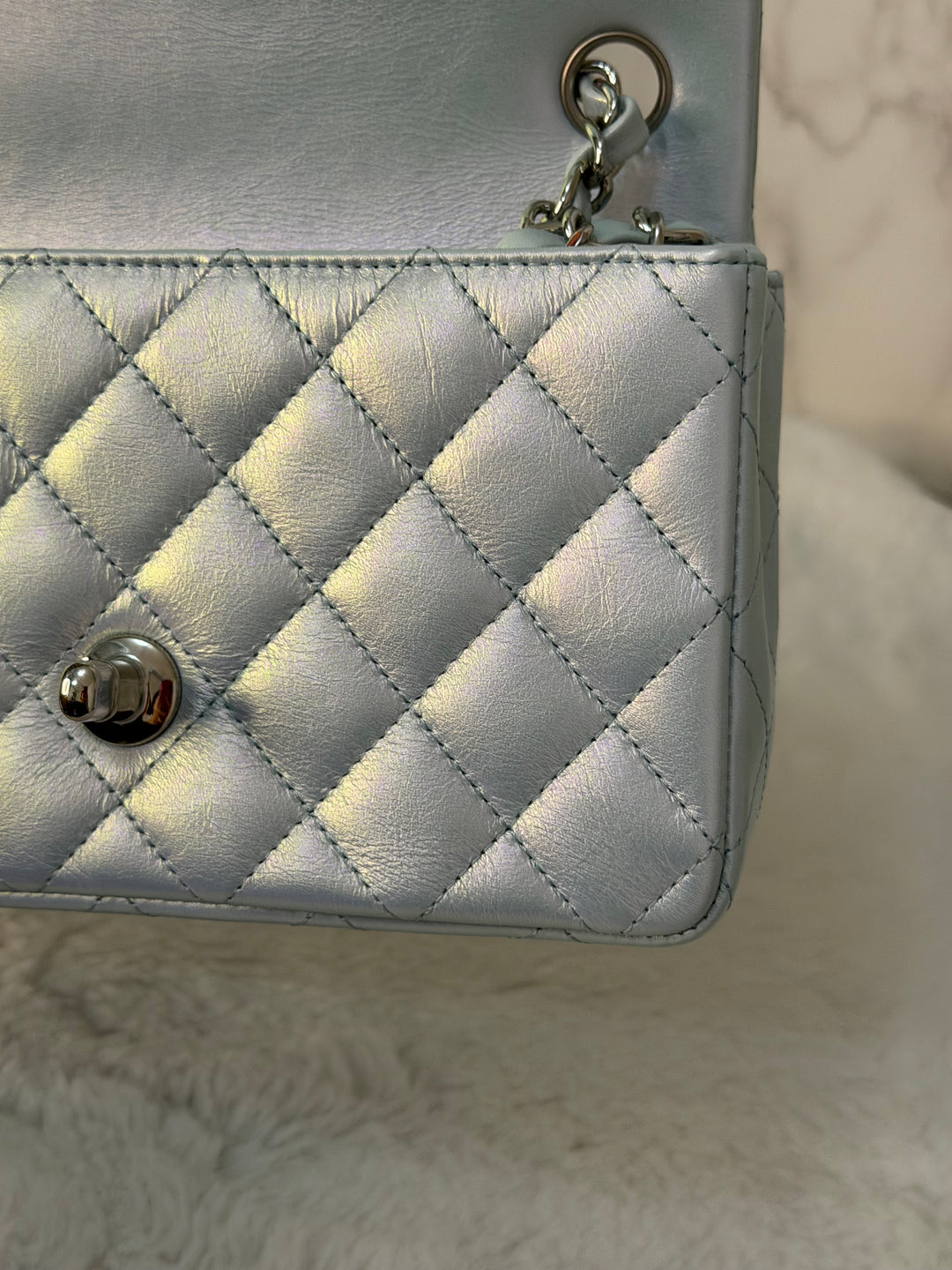 CHANEL 21K 2021 Iridescent light Blue Calf skin SHW Mini rectangular flap bag microchip