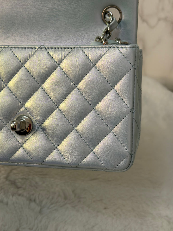 CHANEL 21K 2021 Iridescent light Blue Calf skin SHW Mini rectangular flap bag microchip