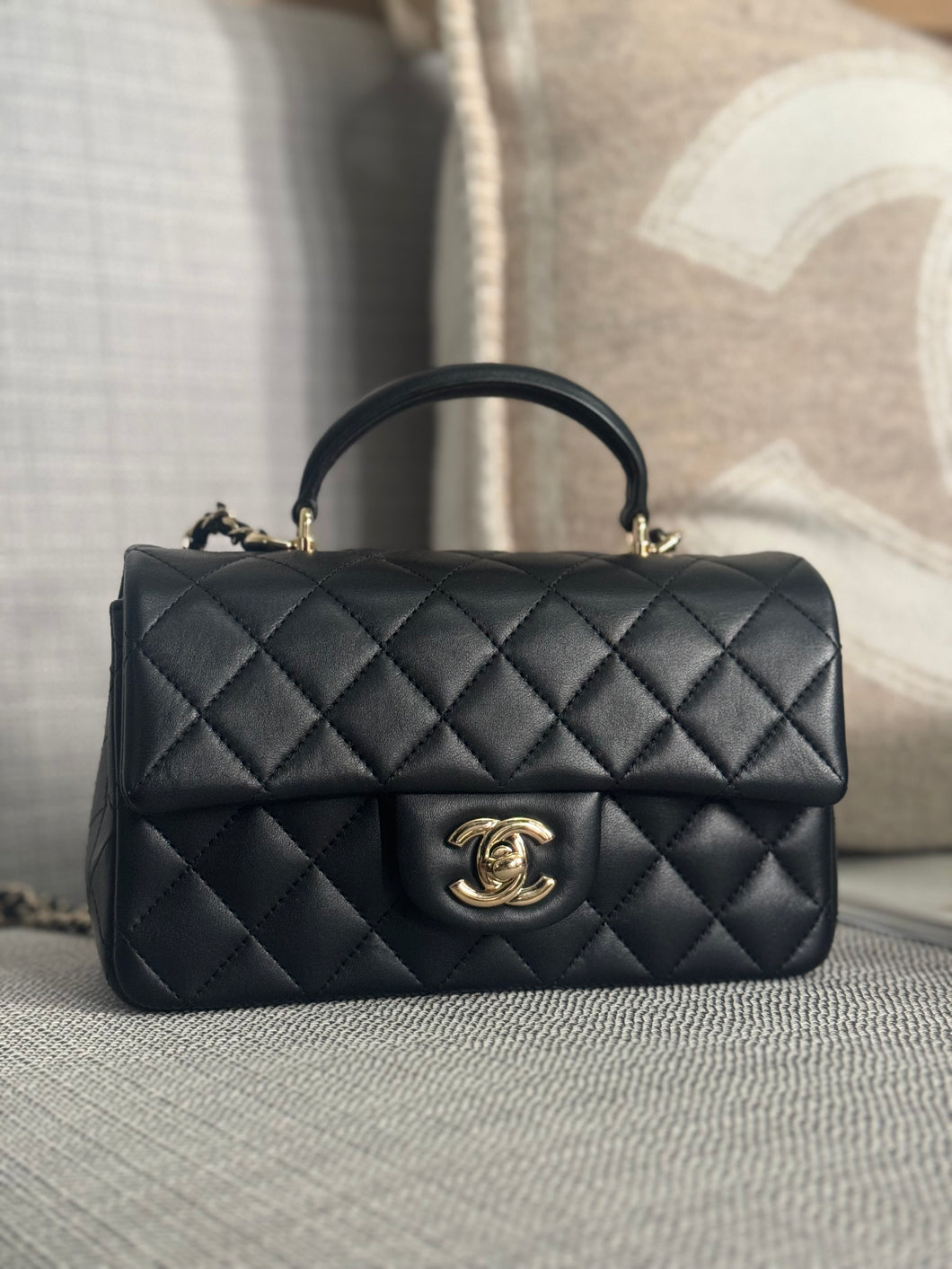 Chanel Black Lambskin Top Handle Mini Rectangular Flap Bag with Champagne GHW