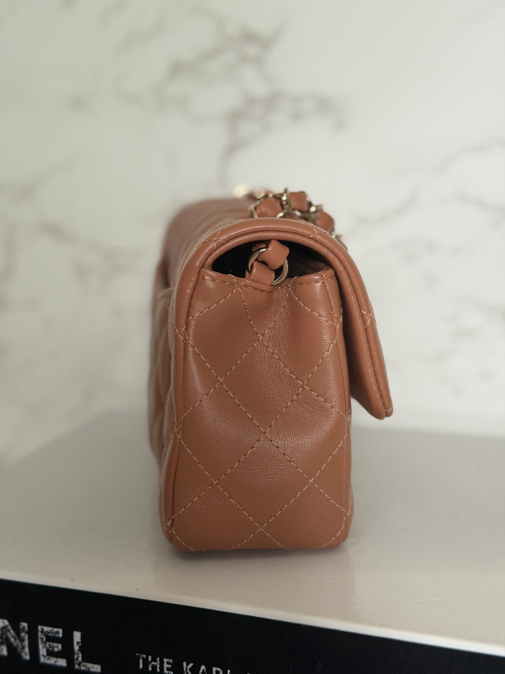 CHANEL 22S Caramel Brown NB356 Lambskin LGHW Mini Rectangular Flap Bag 2022