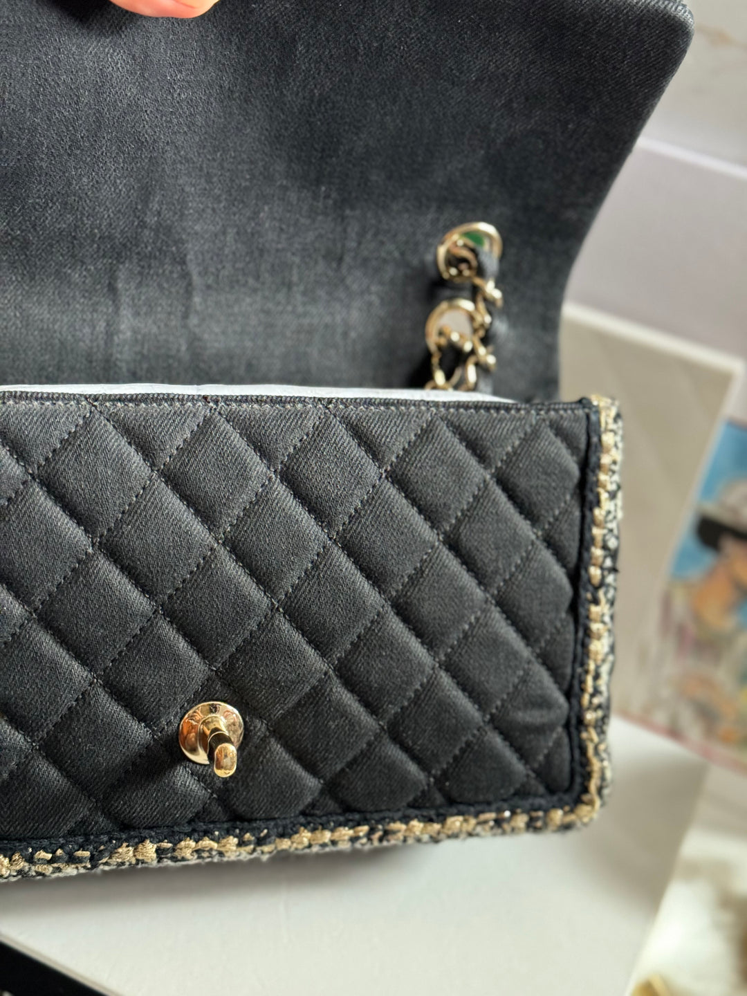 Chanel series 26 Black Denim LGHW Braided in Gold/White/Black Medium Flap Bag