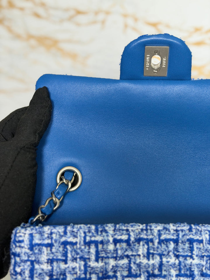 CHANEL 23P Cobalt Blue Muti Coloured Tweed Brushed SHW Mini rectangular flap bag 2023