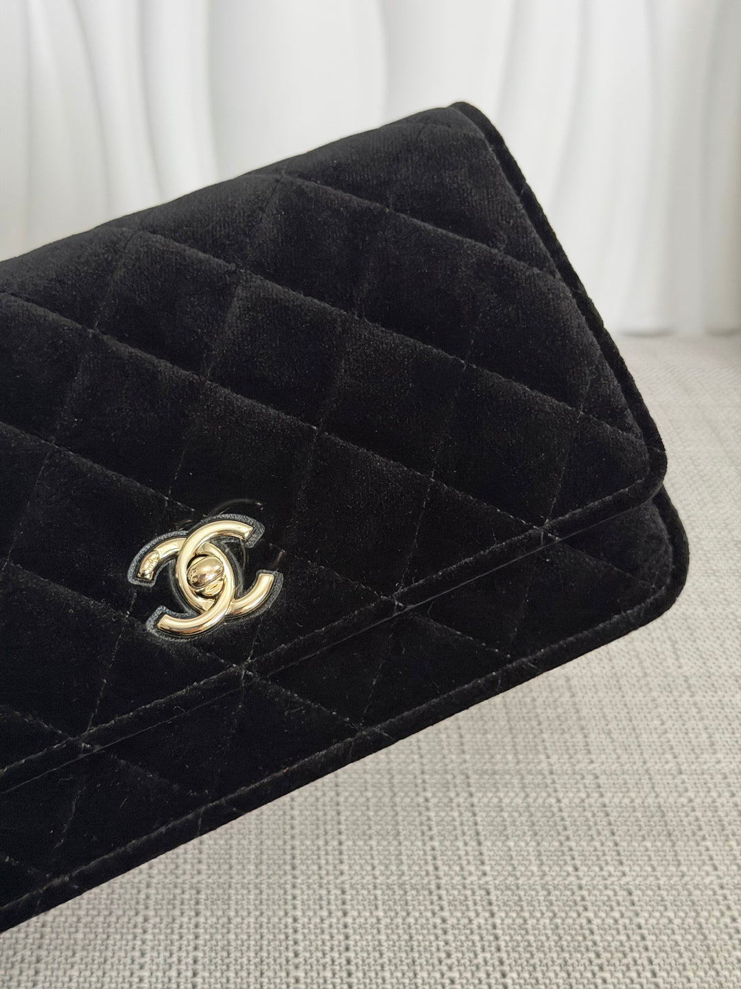 CHANEL 2025 Black Velvet Crystal Pearl Crush Adjustable Strap Wallet on Chain (WOC)