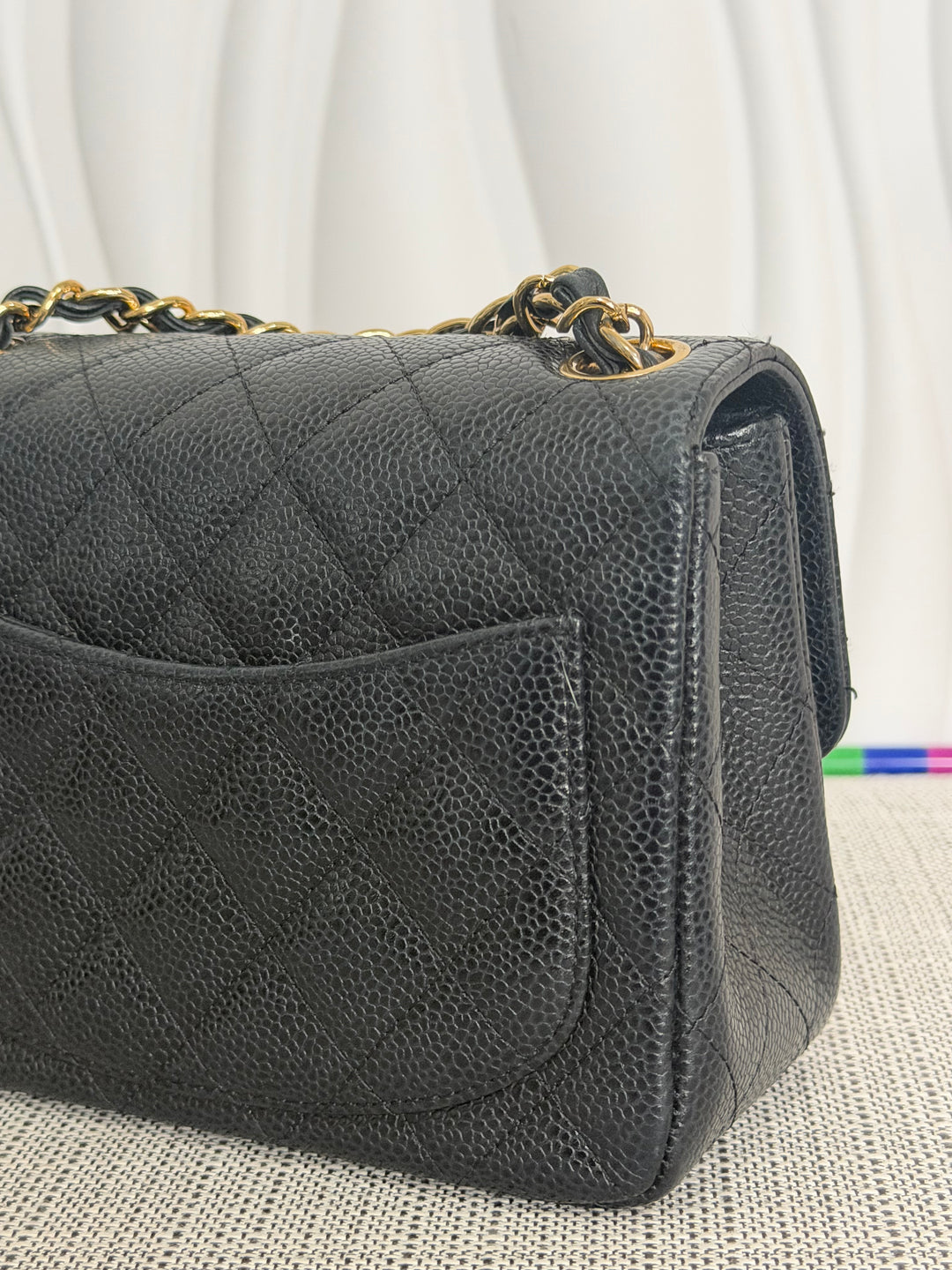 CHANEL series 13 Black Caviar GHW Vintage Square Mini Flap Bag with Edge stitching