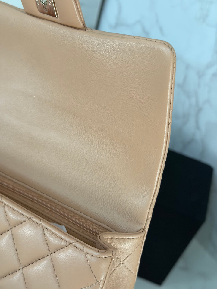 CHANEL 23K 2023 Dark Beige NR649 Lambskin LGHW Mini Rectangular Flap Bag with Top Handle
