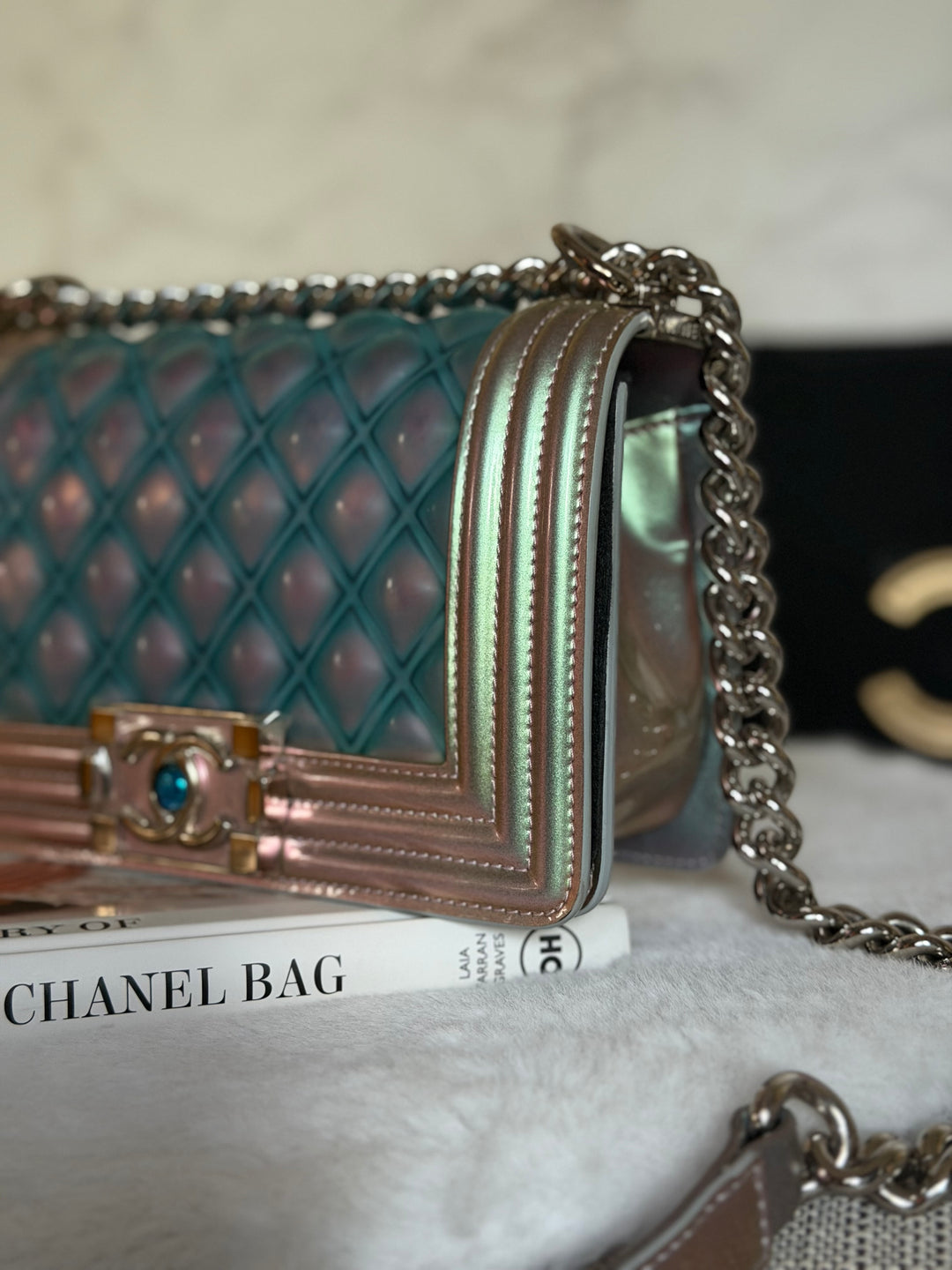CHANEL 18S Iridescent Patent Calf Skin Purple Blue Mermaid Le Boy Flap Bag size Small