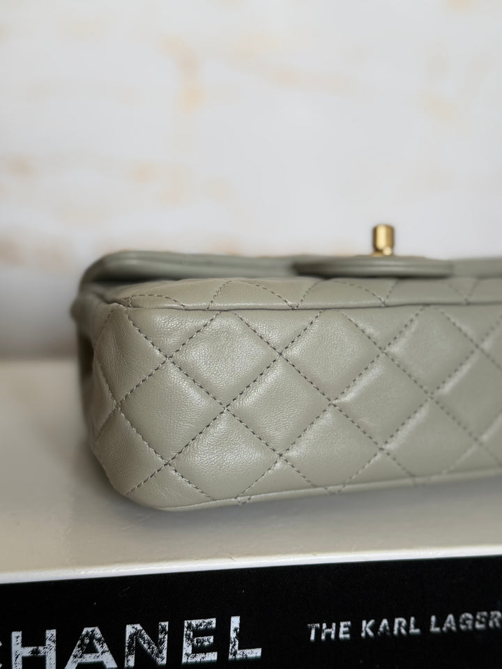 CHANEL Grey Lambskin Aged GHW Pearl Crush Adjustable Chain Mini Rectangular Flap Bag 2021