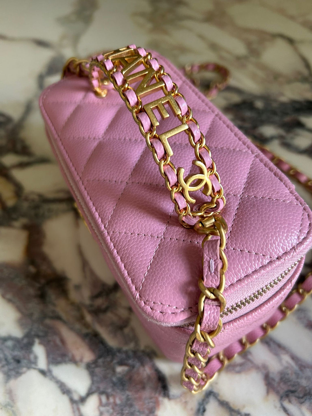 CHANEL 22S Mauve Pink Caviar Aged GHW SMALL Vanity with Metal and Leather top handle 2022