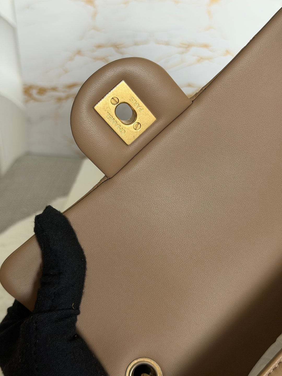 CHANEL 22B Taupe Dark Beige Lambskin Aged GHW Pearl Crush Adjustable Chain Mini Rectangular Flap Bag 2022