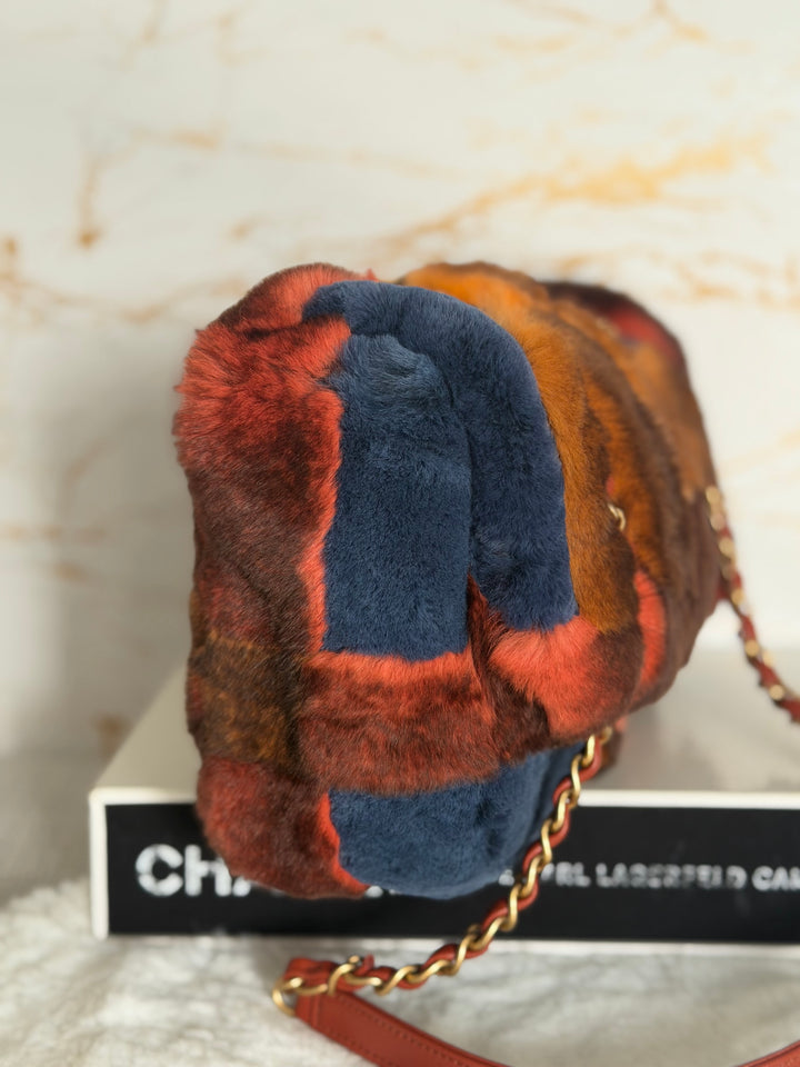 CHANEL series 28 Orylag Red Orange Navy Fur Flap Bag with GHW Medium Single Flap Bag 2018