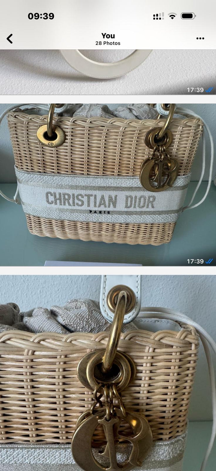 DIOR Lady Dior White/Gold Wicker Bag size SMALL with Guitar Strap