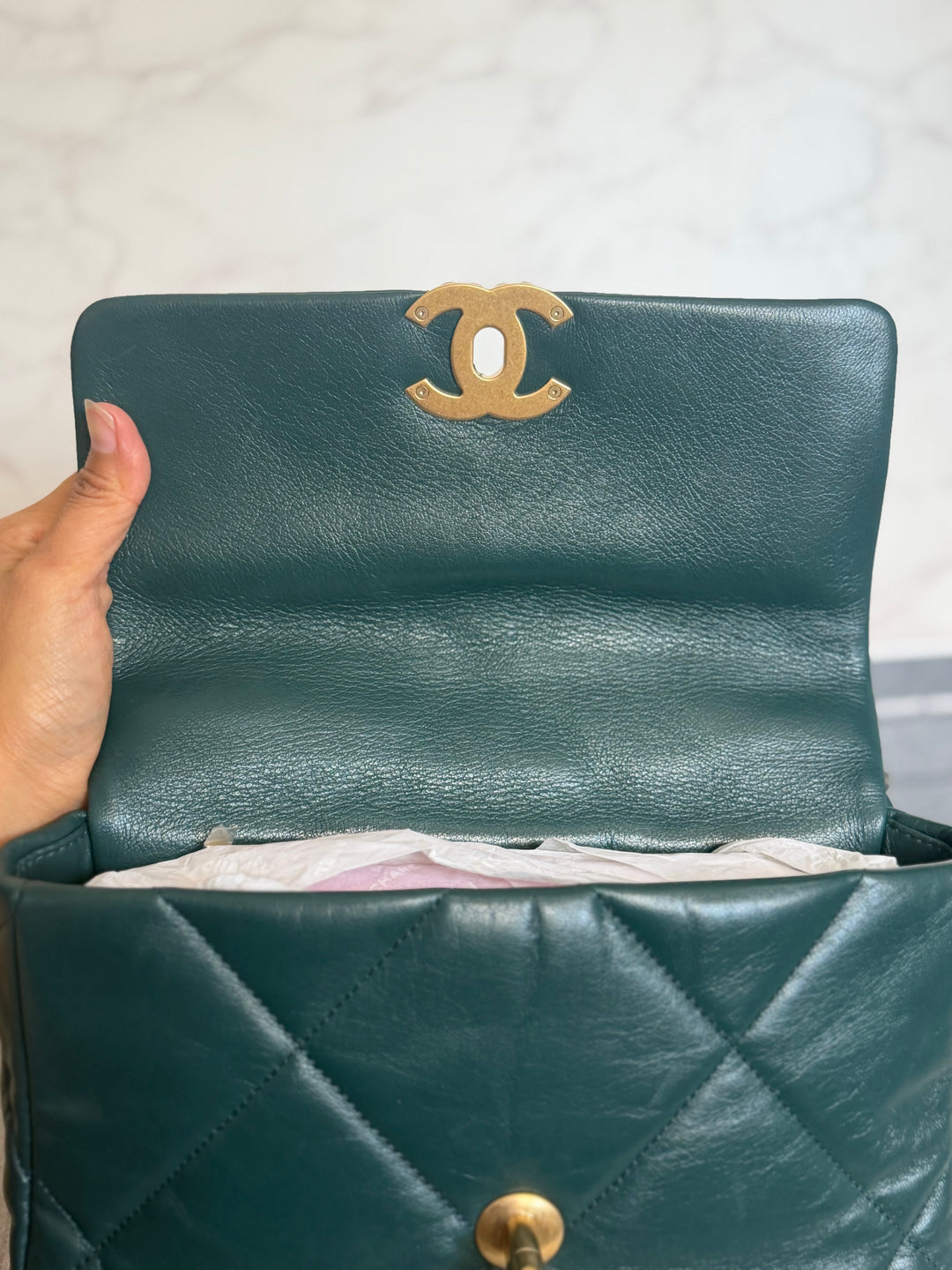 CHANEL 19 size SMALL in 20B Teal Dark Green Goat skin mixed hardware 2020