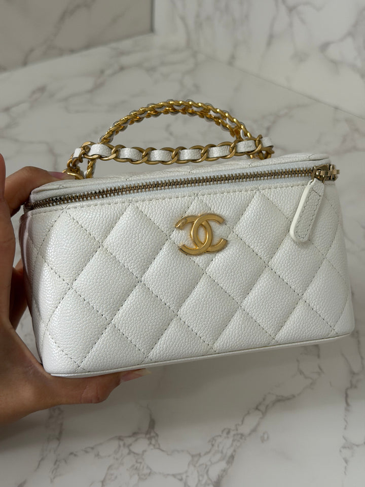 CHANEL 22S Collection 2022 Pick Me Up White Caviar Small Vanity Case with Metal Top Handle GHW
