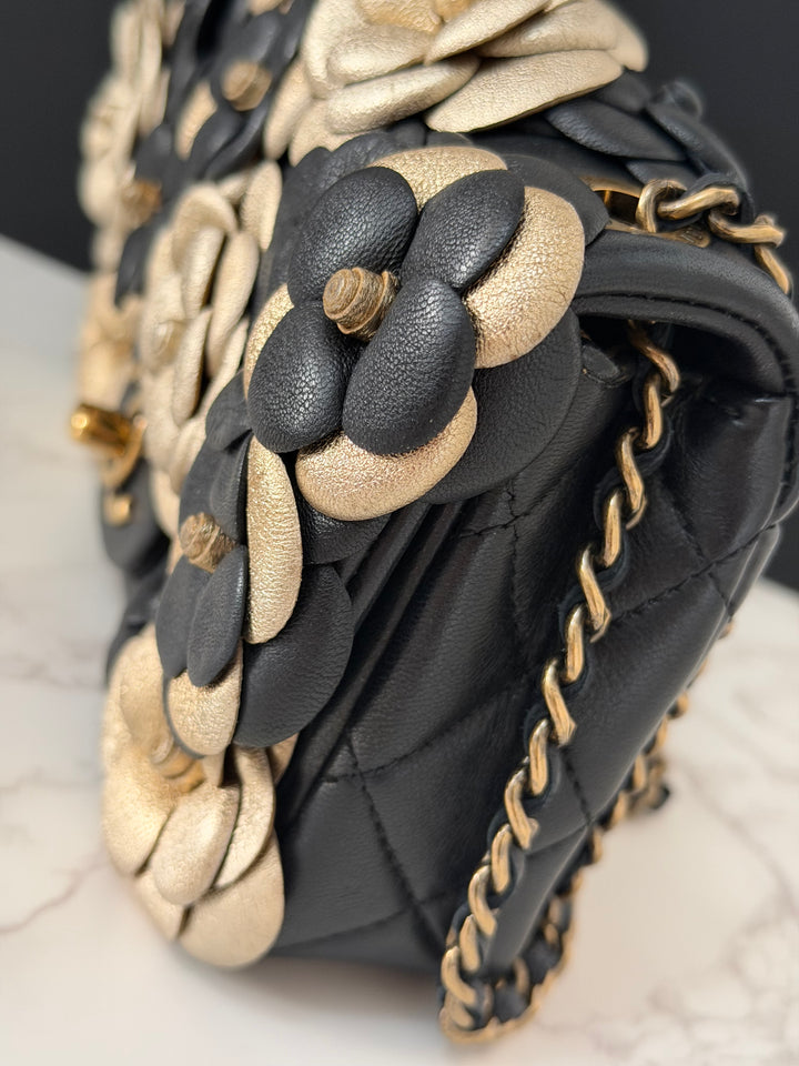 CHANEL series 21 Black Metallic Gold Camellia Flower Lambskin Mini Rectangular Flap Bag with Vintage GHW