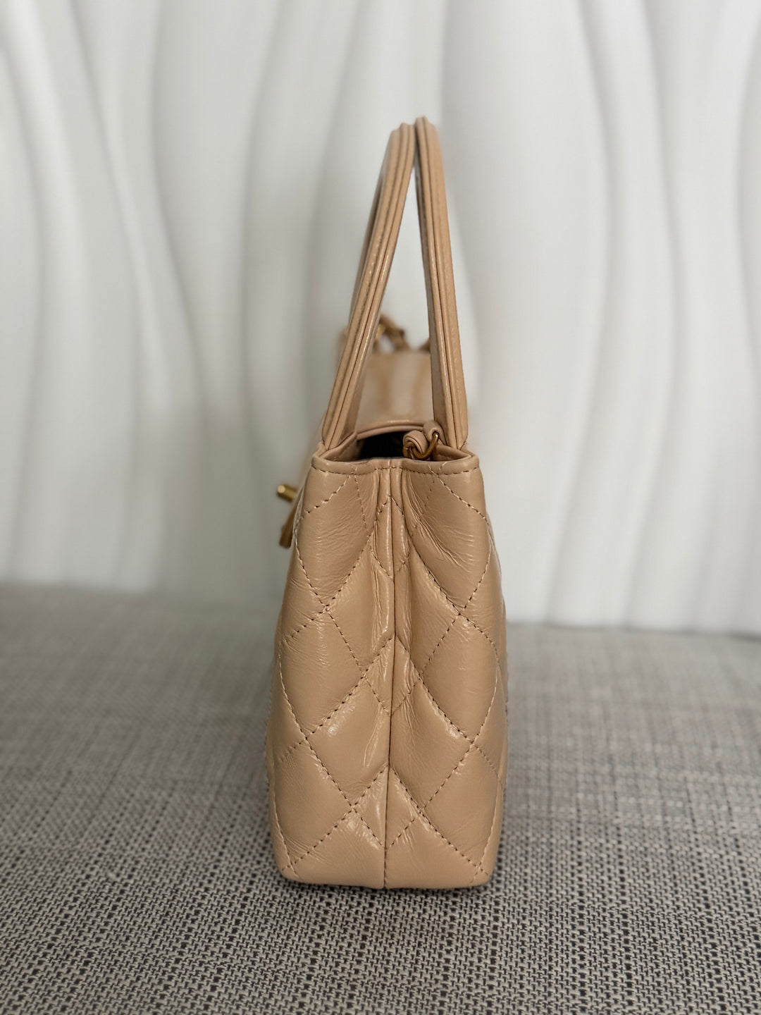 CHANEL 25C Powder Beige Calf Skin aged GHW Kelly Nano Shopping Bag Size Small 19 cms