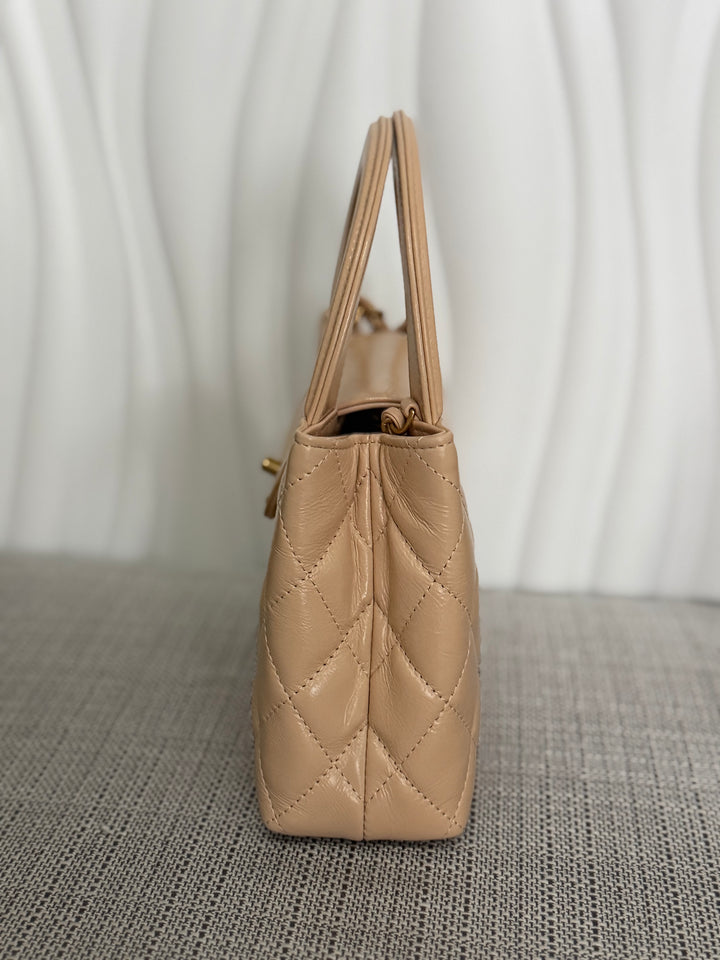 CHANEL 25C Powder Beige Calf Skin aged GHW Kelly Nano Shopping Bag Size Small 19 cms