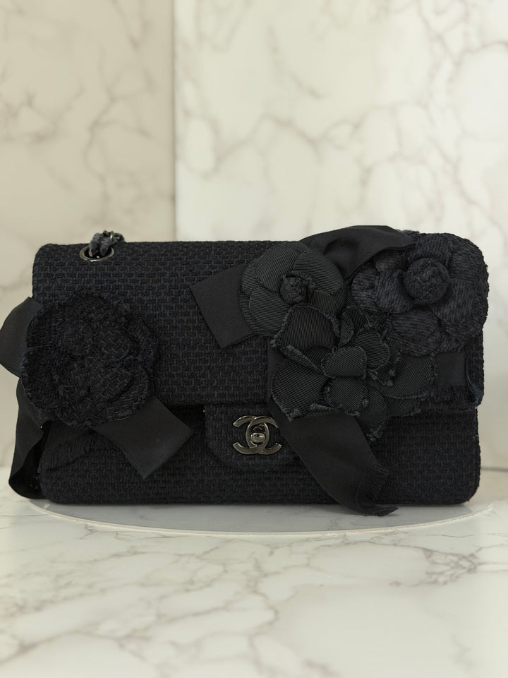 CHANEL 23C 2023 Embroidered Flower Tweed Medium Classic Flap Bag