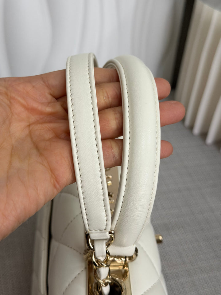 CHANEL 23S collection 2023 White Lambskin LGHW Trendy CC Flap Bag size Small with raised CHANEL Engraved Plate Top Handle